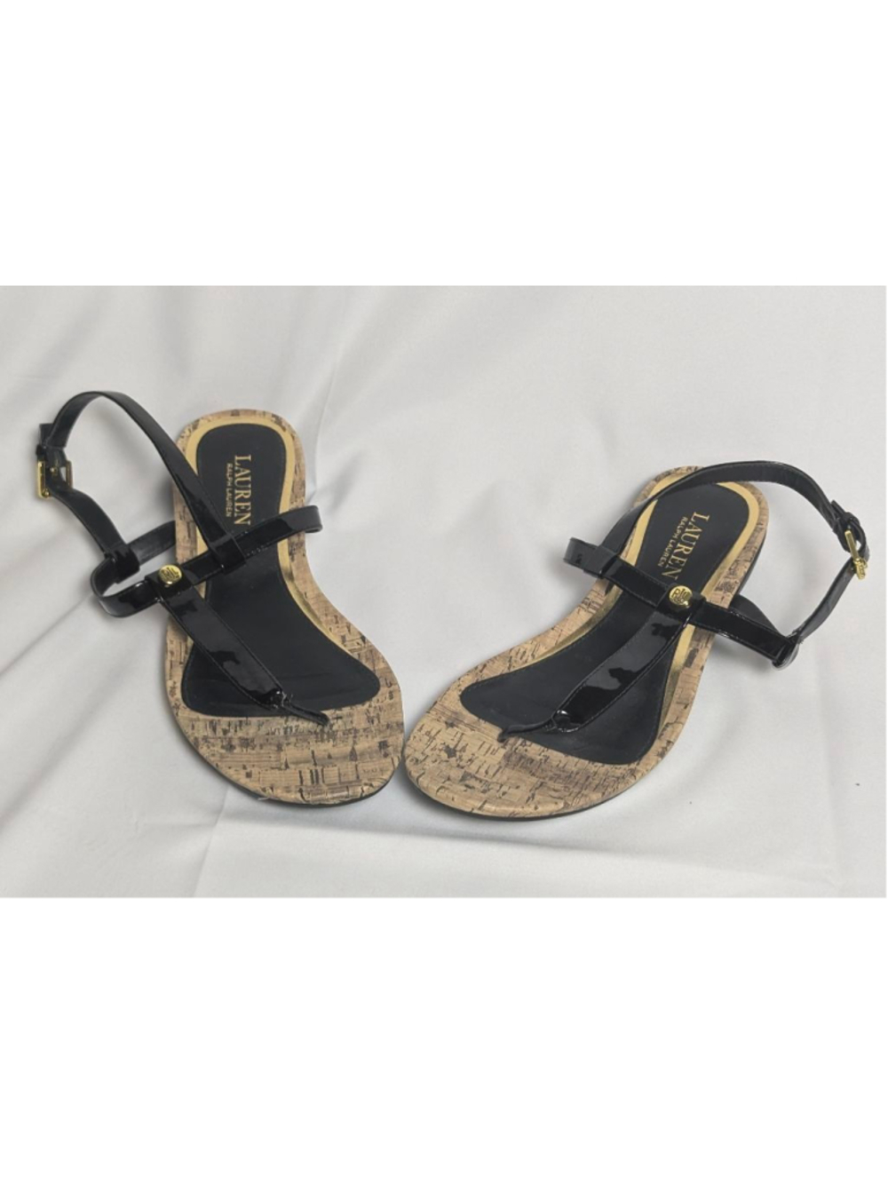 Lauren Ralph Lauren Black Patent Cork Thong Sandals Women's